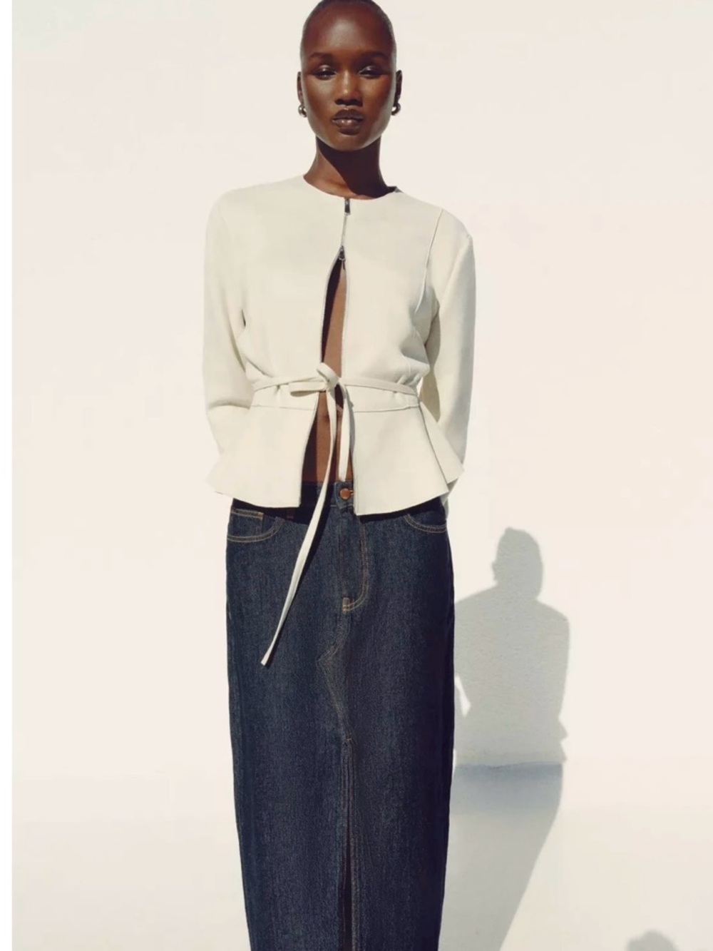 Zara Cream Peplum Belted Zip Jacket